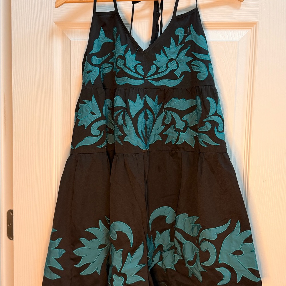 Black Sundress with Teal Floral Embroidery